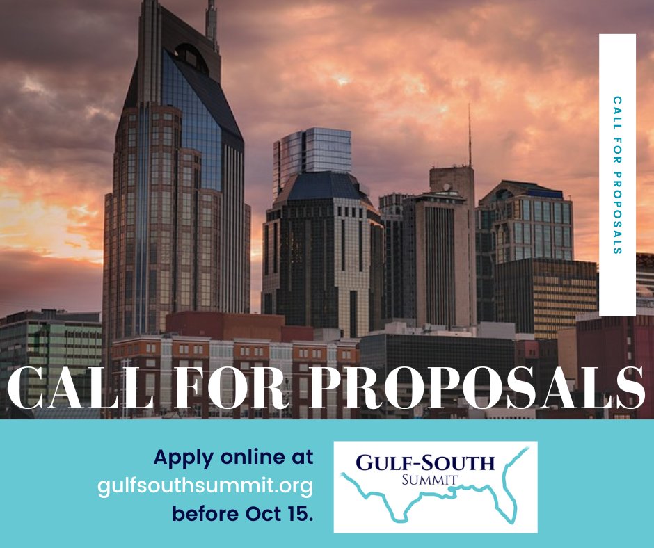 GulfSouthSummit's tweet photo. Submissions of proposals are open now until October 15 for the Gulf-South Summit! Visit https://t.co/w7z0M4Bvu3 for more info or submit proposals at https://t.co/E67IgLzMZ2… #servicelearning #civicengagement #highered #nashville #conference https://t.co/ztQ77O4T5P