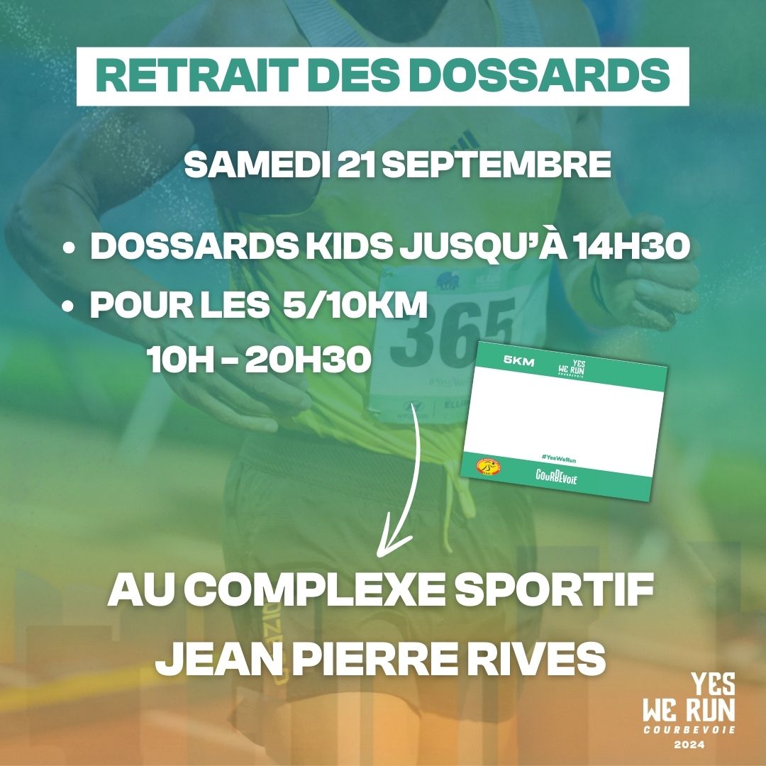 🎽 Retrait des dossards

Le retrait des dossards s’effectuera le samedi 21 septembre au complexe sportif Jean-Pierre Rives.

5️⃣ &amp; 🔟 KM : de 10h à 20h30
KIDS : de 10h à 14h30

À samedi ! 🤍