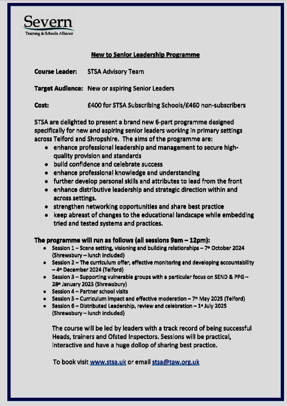 New to SLT Leadership Programme with <a href="/SevernTSA/">Severn Training & Schools Alliance</a> 
Shrewsbury based sessions at the Flaxmill.