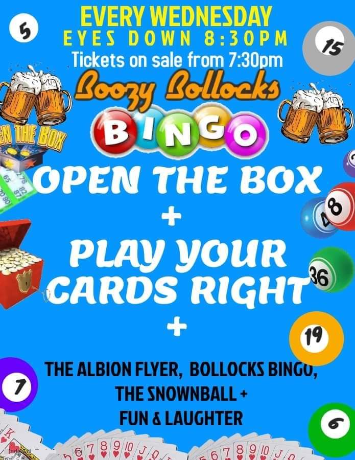 Bingo tonight at the Albion, tickets on sale from 7:30pm, eyes down 8:30pm