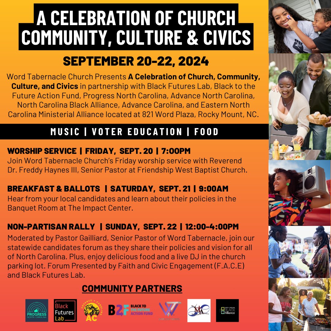 Calling all friends located in Rocky Mount, North Carolina, we've got an exciting weekend of events lined up for you. Starting Friday, 9/20/24, join the Word Tabernacle Church for a weekend of culture, civic engagement, and community! 🌞 No RSVP needed! #BlackFuturesLab