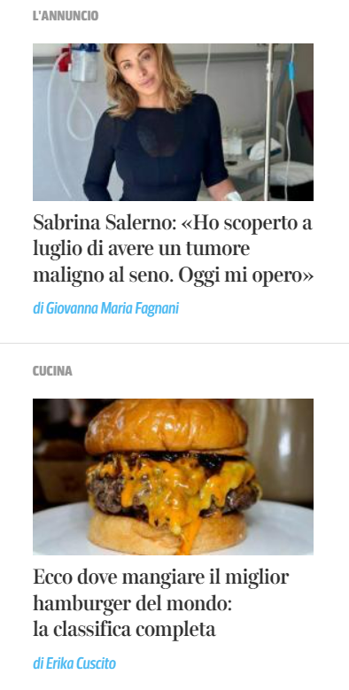 debufred's tweet photo. Un messaggio involontario?

#SabrinaSalerno che annuncia cancro al seno e, appena sotto,  un complesso di #glutine #carnerossa #formaggio: da evitare!

@Corriere stupisce sempre! https://t.co/Imt7qKIyaM
