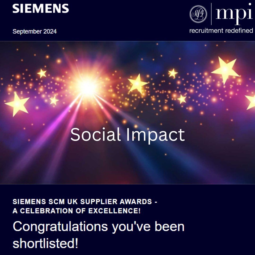 MPI are delighted to confirm that we have been shortlisted for a social impact award at the first ever Siemens SCM UK Supplier Awards.
We're looking forward to the awards in Oct and congratulate the others in the shortlist.
#recruitmentredefined #awards #nominations #socialimpact