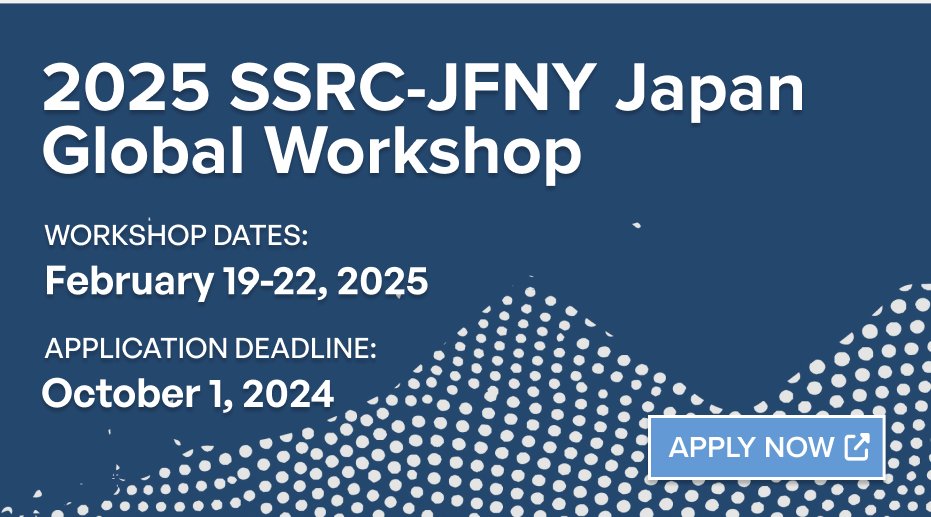 APPLY NOW | PhD candidates and early career researchers/journalists: Apply to join us for an intensive workshop looking at your research on current and emerging global issues in the context of Japan. February 19-22, 2025. 
<a href="/ssrc_org/">SSRC</a> <a href="/JF_NewYork/">The Japan Foundation, New York</a>