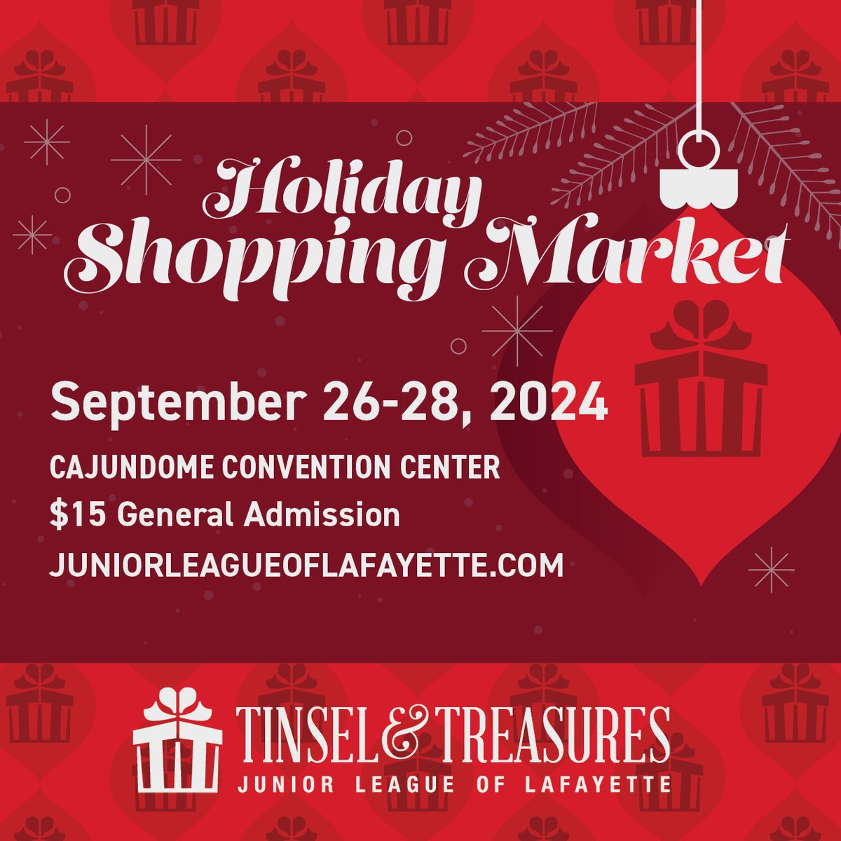 CAJUNDOME (@cajundome) on Twitter photo 🛍️ NEXT WEEK 🛍️
Get your holiday shopping on at the 31st Annual Tinsel & Treasures Holiday Market presented by <a href="/JLLafayette/">Junior League of Lafayette</a> 9.26-9.28
For all market info, including special events, visit cajundome.com/events/detail/… or juniorleagueoflafayette.com/tinsel-treasur… 🛍️ NEXT WEEK 🛍️
Get your holiday shopping on at the 31st Annual Tinsel & Treasures Holiday Market presented by <a href="/JLLafayette/">Junior League of Lafayette</a> 9.26-9.28
For all market info, including special events, visit cajundome.com/events/detail/… or juniorleagueoflafayette.com/tinsel-treasur…