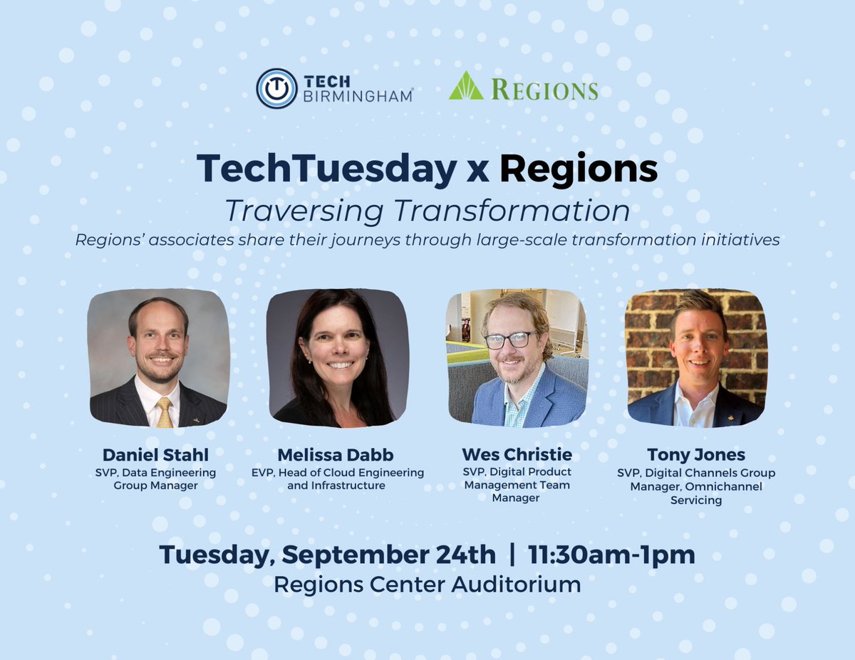 1 week to go! 

Join us on Sept. 24 at Regions Auditorium for "Traversing Transformation," part of #TechTuesday! Hear from Regions Bank leaders on navigating large-scale transformations.

🕒 11:30 AM start 🍽️ Lunch provided 📍 Register: 
lnkd.in/esBzd5Fx

Don’t miss it!