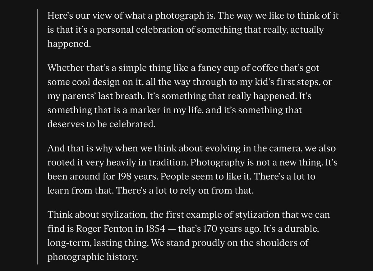 sdw's tweet photo. Really loving Nilay’s review of the iPhone 16 Pro on @verge — a huge piece of it dedicated to Photographic Styles letting you adjust the ‘HDR look’ of your iPhone shots (yay!). 

Found this full comment from Apple’s Jon McCormack on the nature of a photo truly wonderful, too: https://t.co/Ygx9YiuzZ9