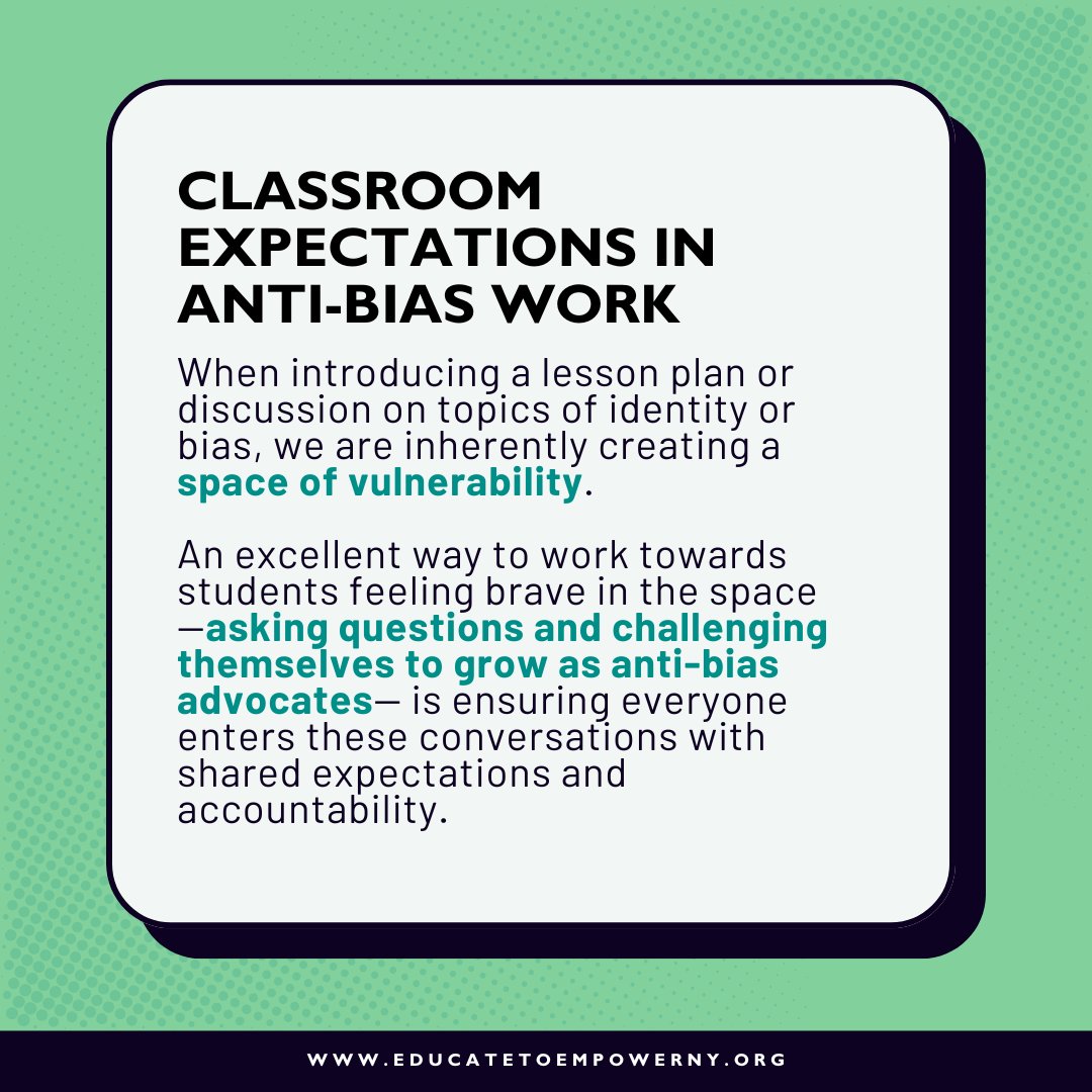 EdutoEmpowerNY's tweet photo. One of the ways we can set ourselves up for impactful anti-bias work in schools is by establishing shared expectations of everyone in the space— including from both educators and students. Here are some recommendations from our team to get you started. #EducatetoeEmpowerNY https://t.co/qaPHtK65tW