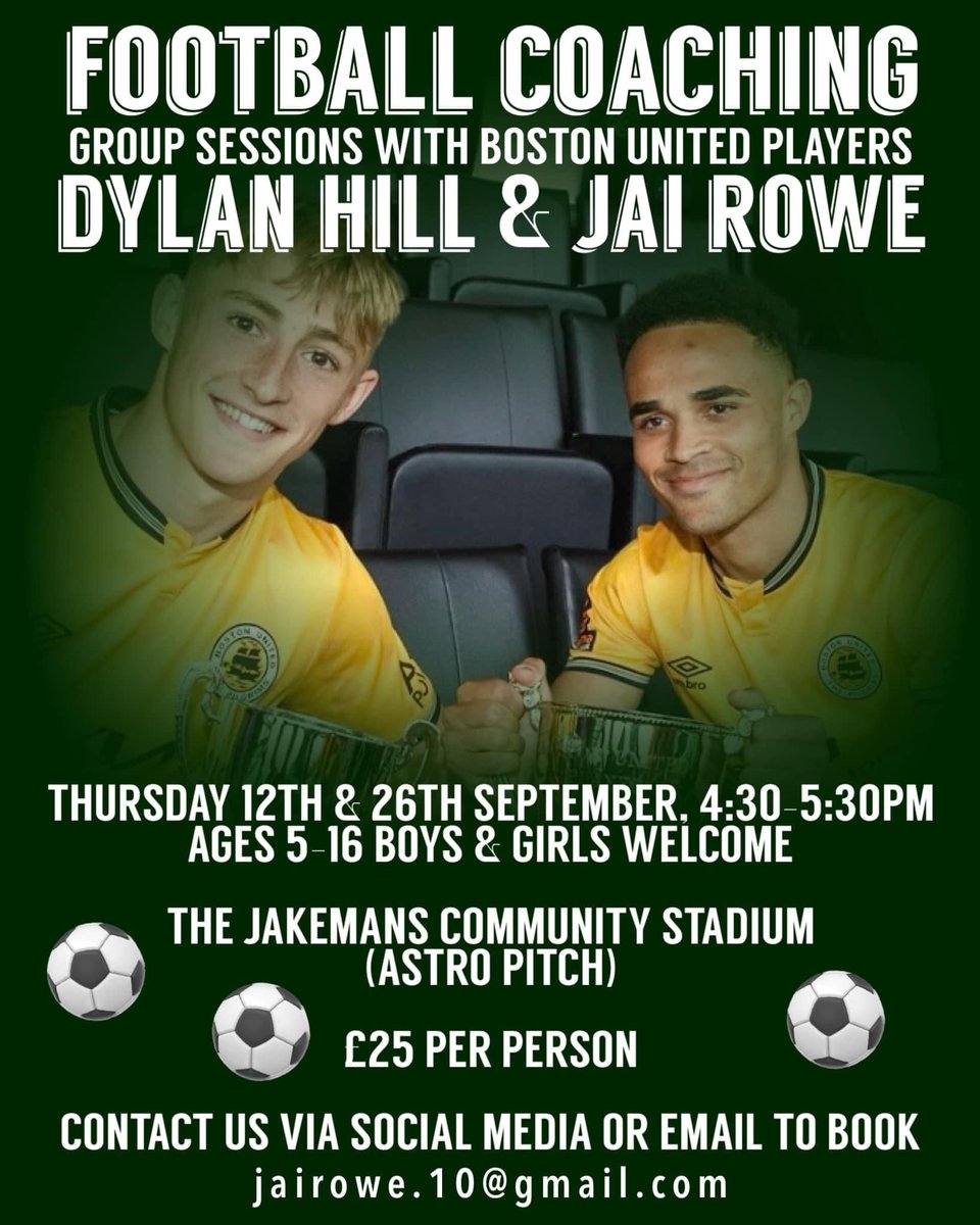 jai_rowe_'s tweet photo. Hi everyone, myself and Dylan Hill have started our own coaching sessions at Boston United! It has been a real success so far with lots of great sessions. Match shirt/match day mascot giveaways, free professional pics all included details below to get booked in! Thankyou⚽️💛 https://t.co/DGEQMyfVAN