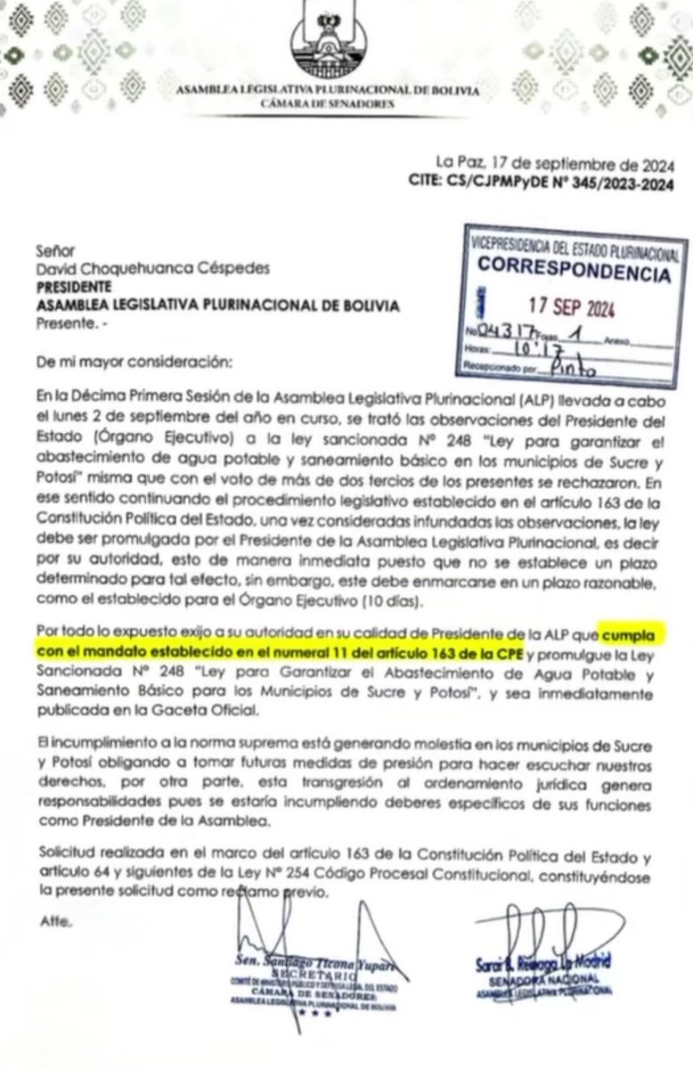 FranzRBarriosG's tweet photo. @LaramaDavid Cumplí la Constitución que, en su Art. 163.11), te manda a PROMULGAR la Ley 248 para ejecutar la condonación de la deuda de #Elapas. Sucre necesita agua potable y alcantarillado, ya‼️ https://t.co/C5oAqPTmDR