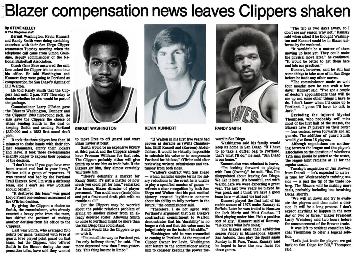 77Blazers's tweet photo. September 18 1979 - @NBA Commissioner #LarryOBrien awarded the @trailblazers #KermitWashington, #KevinKunnert, and a 1980 1st Round pick in the #NBA draft as compensation for the signing of FA #BillWalton.
O'Brien gave the #Clippers the option of either sending #RandySmith to the Blazers or keeping him and sending a 1982 2nd Round pick along with $350K. San Diego has 24 hours to decide.
The Clippers signed Walton, the 1978 NBA #MVP, in May to a 7-year, $7M and the Commissioner used the 1975 trade of @kaj33 from the @bucks to the @Lakers as guide. In that instance, the #Lakers sent four players to #Milwaukee for Abdul-Jabbar, who was the 1974 MVP.
#RipCity #ThisDateinBlazersHistory