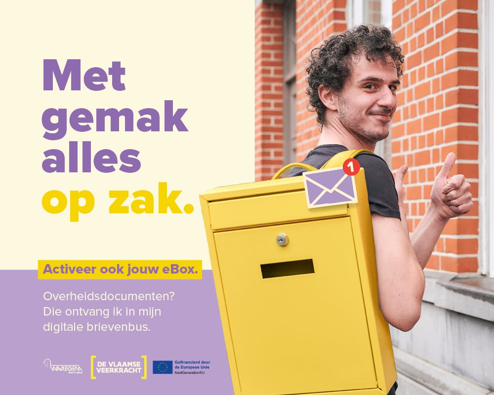 Wil jij je overheidsdocumenten digitaal ontvangen? Dat kan!  Activeer je eBox en krijg ze voortaan in je eigen digitale brievenbus.  Denk aan:  📩 oproepingsbrief verkiezingen, oproepingsbrief eID, belastingbrief... Activeer jij hem ook? 👉 waregem.be/ebox