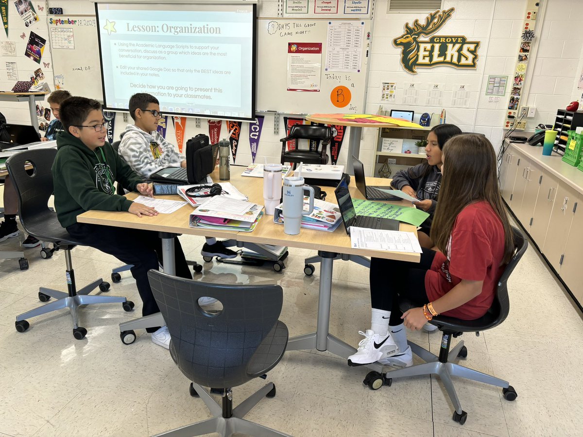 7th Grade AVID Scholars using their Academic Language Scripts to discuss which ideas we want to present for Organization Notes.  #groveAVID #AVIDfamily 📝🔎