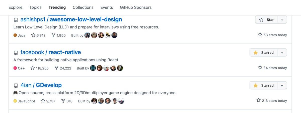 Feeling great to see GDevelop on the GitHub trending page, next to a great framework like React Native 💜