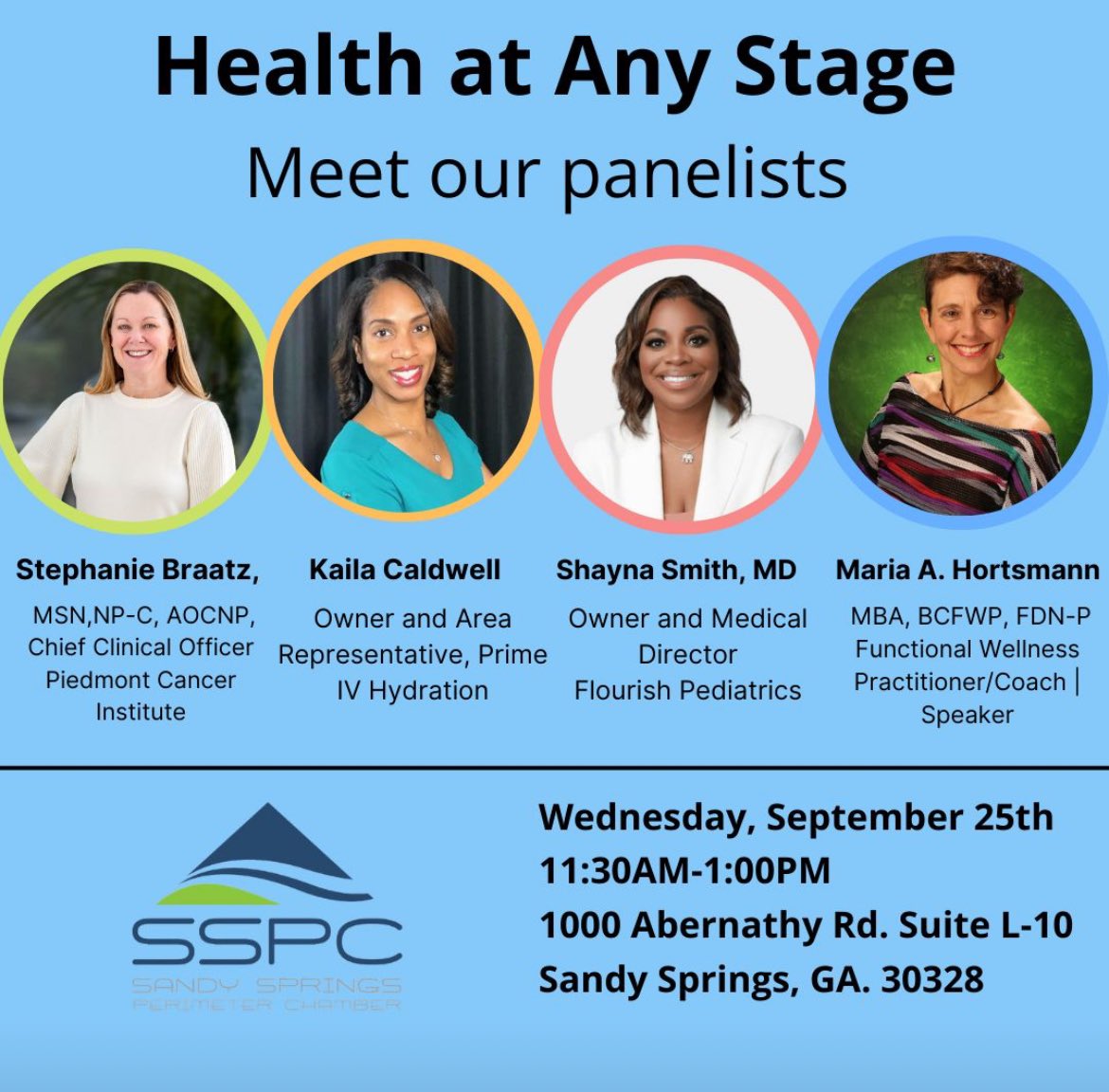 Join the SSPC Health &amp; Wellness Committee for an exciting luncheon event: 

"Health at Any Stage" – a dynamic panel discussion with leading health experts ready to address your most pressing health questions at every stage of life.
…ness.sandyspringsperimeterchamber.com/events/details…