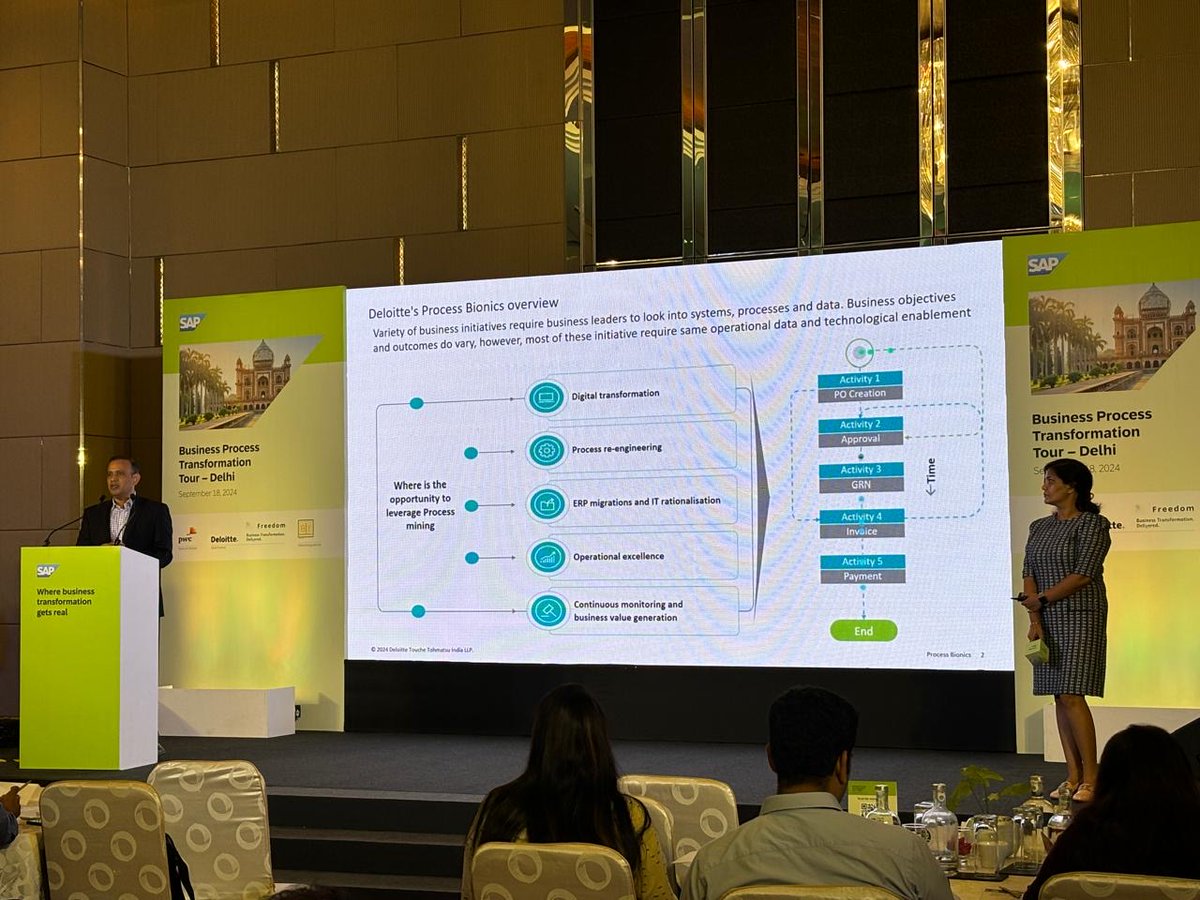 DeloitteIndia's tweet image. Vivek Bhamodkar, Partner,  Deloitte India, and Neha Bajpai, Director, Deloitte India, spoke at the “Business Process Transformation Tour” hosted by SAP in Gurgaon. 
#BusinessTransformation #ProcessOptimisation #SAP