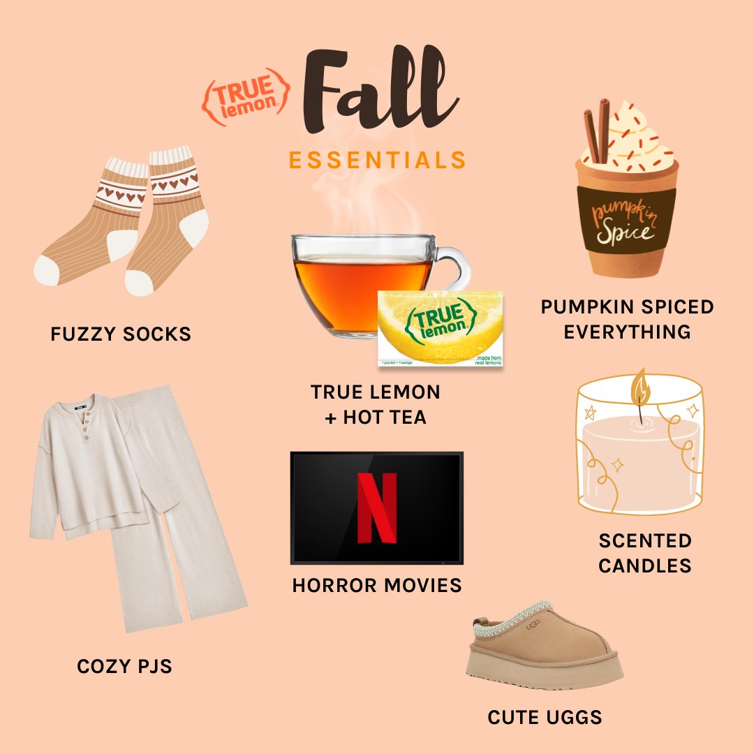 truelemon's tweet image. Falling for cozy vibes 🍂✨ Don&apos;t forget your fall essentials — comfy PJs, warm drinks, and True Lemon packets for that extra zest in your hot tea! 🍋💛