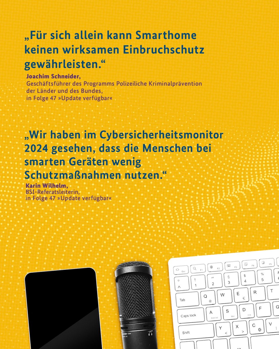 BSI_Bund's tweet image. Tipps zum Thema Smarthome gibt es in der aktuellen Folge #UpdateVerfügbar, live von der #IFA. Unter anderem im Interview: Karin Wilhelm, BSI-Referatsleiterin und Joachim Schneider, Geschäftsführer der Polizeilichen Kriminalprävention: bsi.bund.de/dok/1121256