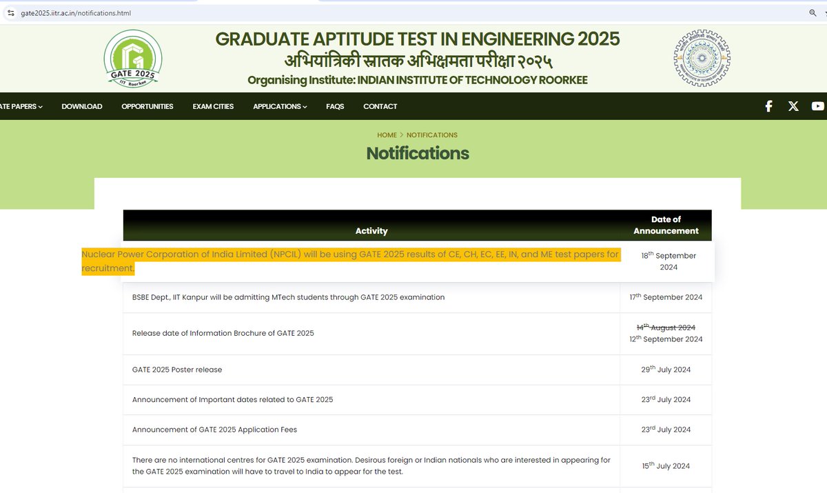 GATE2025IITR's tweet photo. PSU: NPCIL will be using GATE 2025 results of CE, CH, EC, EE, IN, and ME test papers for recruitment.

Apply Now! https://t.co/JHJGfscnMA

For more details about GATE 2025, visit https://t.co/XCFUYHbIw3 https://t.co/kbLENBCzj1