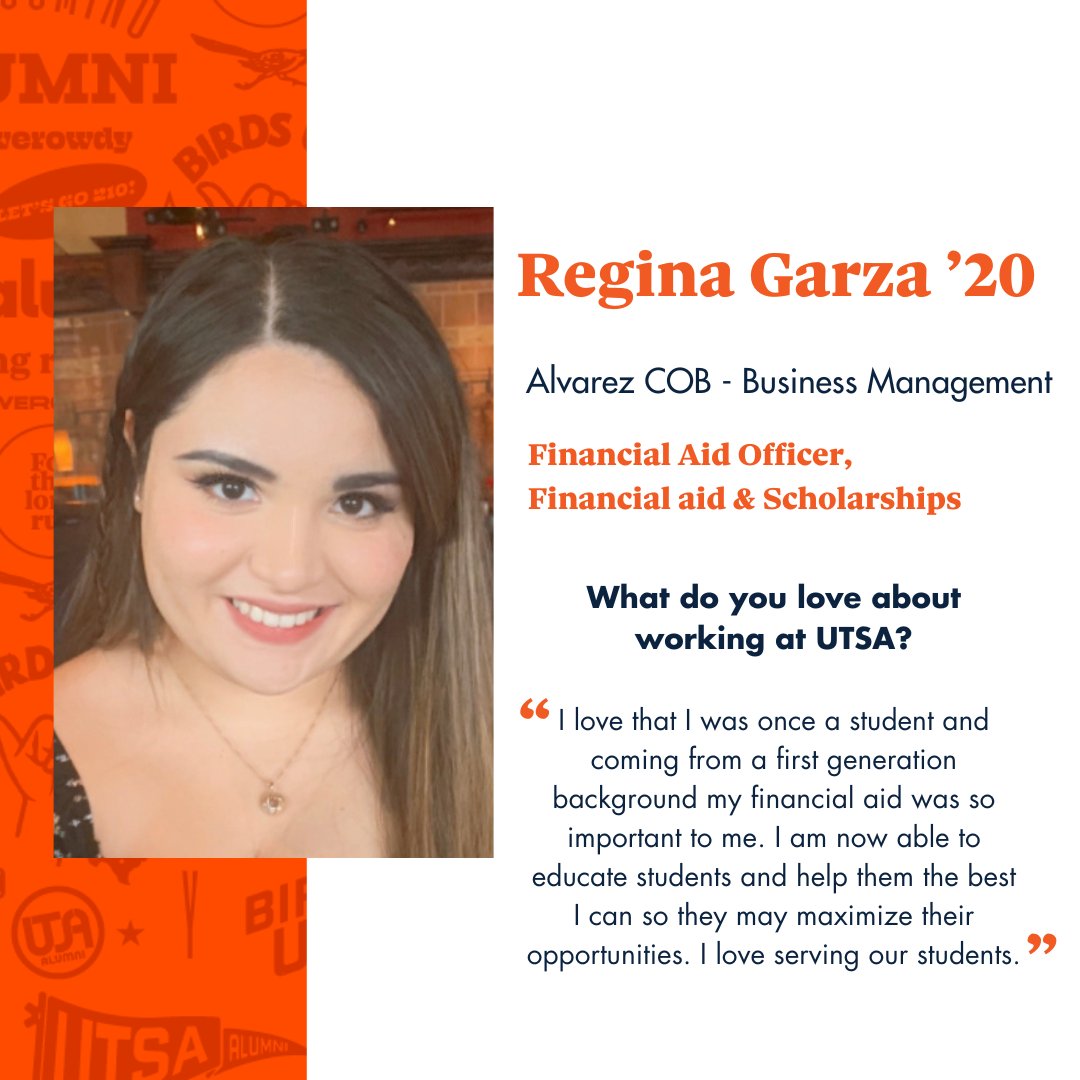 UTSAAlumni's tweet image. We're excited to announce Regina Garza '20 as our Alumni Staff Spotlight this week! 💫

#foreverowdy
