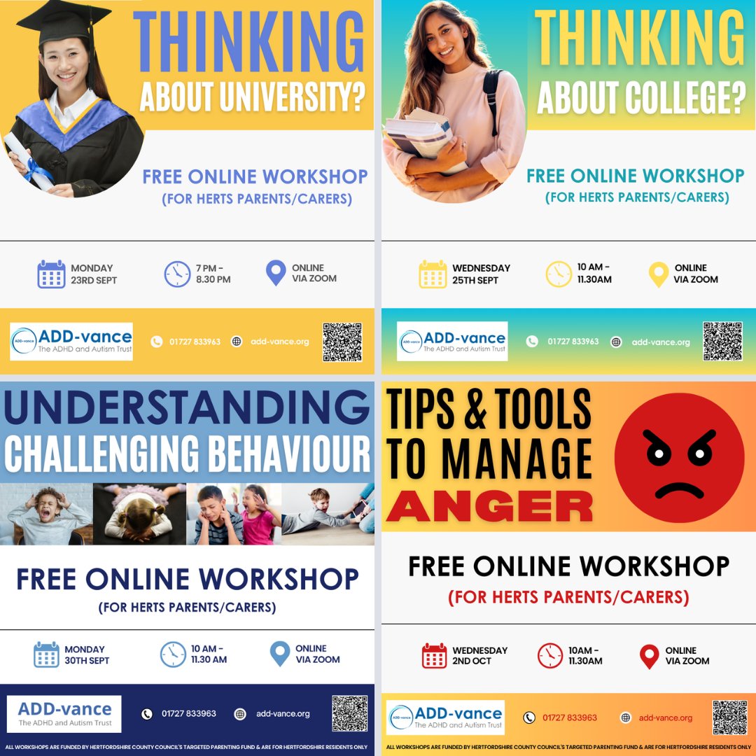VanceAdd's tweet photo. πTake a look at the FREE upcoming workshops available to Herts parents/carers π
Book here: https://t.co/L0sGbRLI1c, scan the QR codes, or use the Linktree in our bio.
#ADDvance #ADHD #autism #neurodiversity #anger #hertfordshire #university #challengingbehaviour #college https://t.co/E8Rap8OLpr