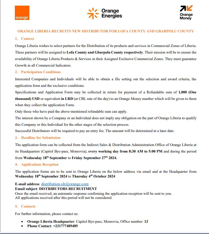 Recruitment for Orange Liberia new Distributors. These partners will be assigned to Lofa and Gbarpolu counties, respectively 

For further information, please contact us:
+231777489489