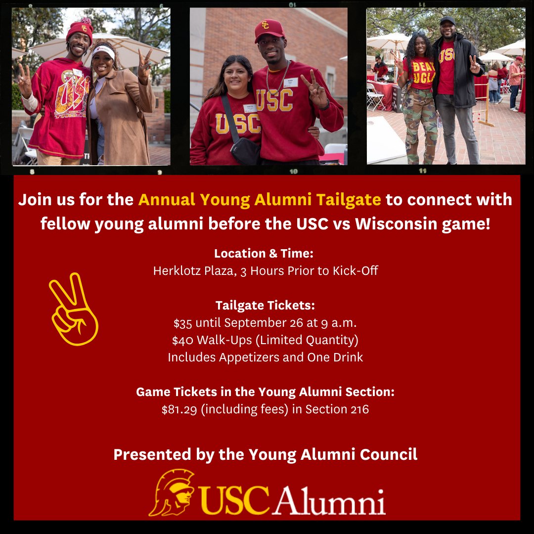 Get ready for an unforgettable game day experience at the USC Young Alumni Tailgate on Saturday, September 28! Join fellow Trojans for food, drinks, and plenty of spirit as we gear up to #beatthebadger. 
Don’t miss out! RSVP now : linktr.ee/uscbaa
#USCYYAC #USCBAA #BAAYPC