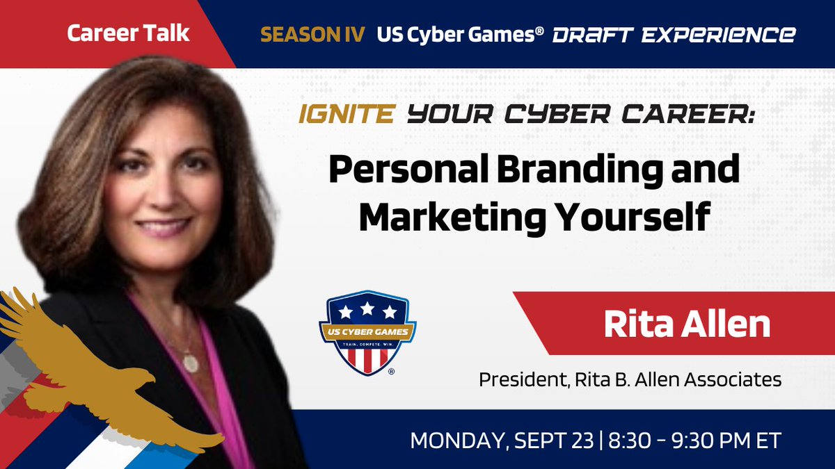 PlayCyberLeague's tweet photo. Want to advance in your #cybercareer? Take advantage of these free #USCyberGames virtual workshops! 

Personal branding &amp; the ability to market oneself are essential to #career advancement. Check out Rita B. Allen's #Cyber Career Week talk. Register https://t.co/2AFHmVfihI. https://t.co/i4POUUziwh