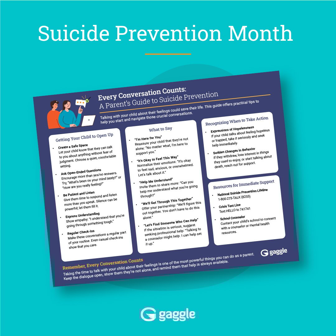 Supporting student mental health begins w/ equipping parents &amp; caregivers for important conversations. Gaggle’s Parent’s Guide to Suicide Prevention is a helpful tool for educators to share w/ families. 
Download hubs.ly/Q02QglK40
#EveryConversationCounts #SuicidePrevention