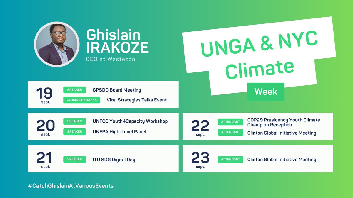 We are excited to announce that Wastezon will be part of the upcoming UN #SummitOfTheFuture and #ClimateWeekNYC. Catch our CEO, Ghislain Irakoze ( <a href="/iraghislain/">Ghislain Irakoze</a>) at various events as he shares our insights and aspirations for a more just sustainable future.