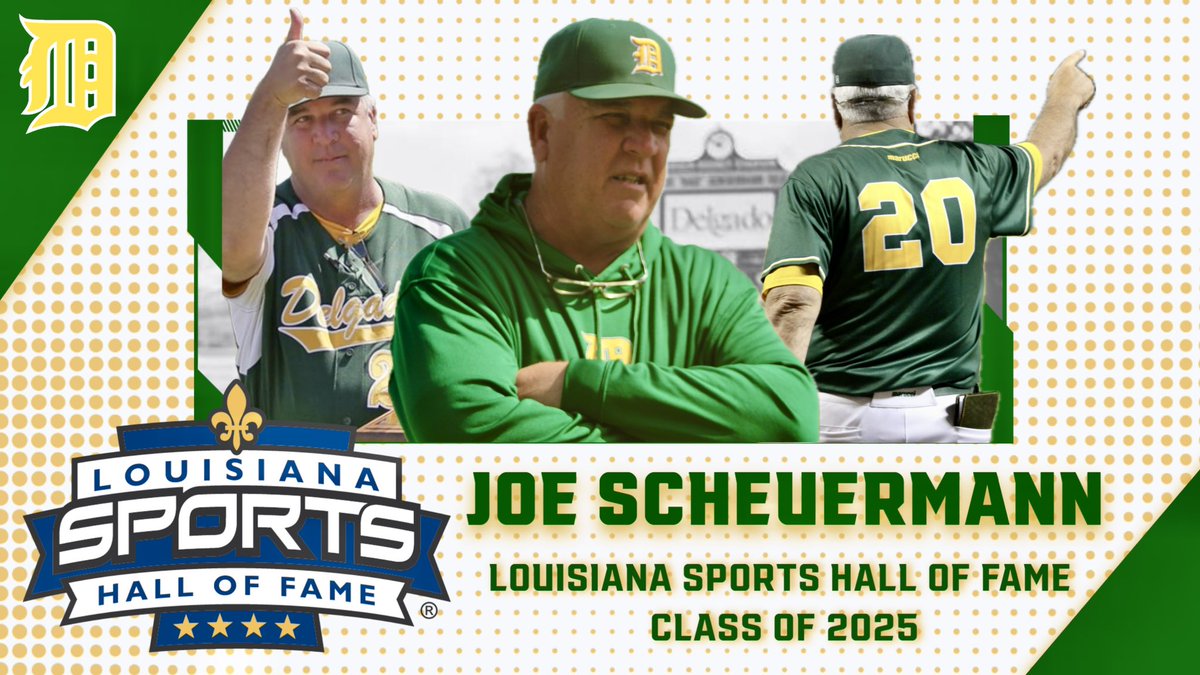Congratulations to Delgado Athletic Director and Head Baseball Coach Joe Scheuermann, who has been announced as a member of the Louisiana Sports Hall of Fame’s Class of 2025! 

Story, Release &amp; photos: shorturl.at/mJi9G

Fins Up, 20! 🐬