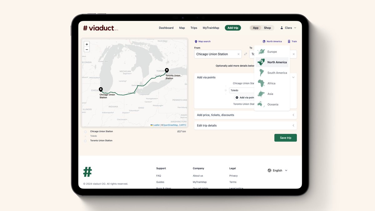 viaduct_world's tweet photo. 🌍 Ever wondered why we’re called @viaduct_world but could only log trips in Europe?
That’s changing now! We’ve been working hard on connecting continents – and it’s time to explore! 🚆🌎
Thread 🔽 https://t.co/mHnjzDHR4R