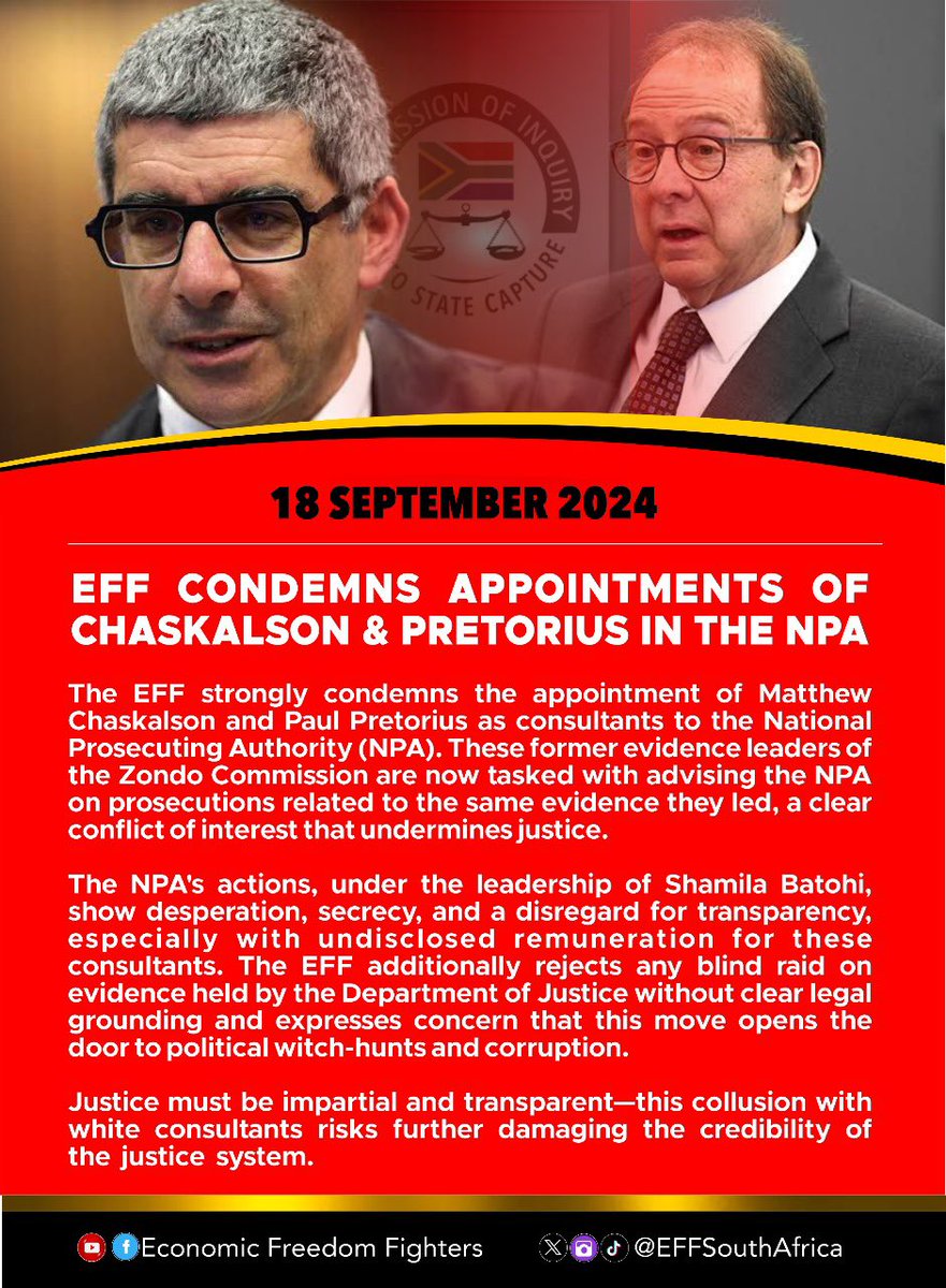 EFFSouthAfrica's tweet image. EFF CONDEMNS APPOINTMENTS OF CHASKALSON &amp;amp; PRETORIUS IN THE NPA

The Economic Freedom Fighters strongly condemn the appointment of Matthew Chaskalson and Paul Pretorius as consultants to the National Prosecuting Authority (NPA). These former evidence leaders of the Zondo…