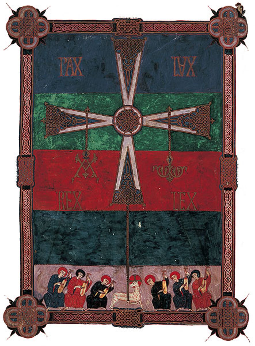 La Cruz y el cordero en el Beato de Fernando I y doña Sancha. f. 6v, (1047). Escrito en letras doradas: “PAX”, “LUX”, “REX”, “LEX”, y el Alfa y Omega colgando del brazo horizontal de la cruz  griega.

#manuscritosiluminados #Beatos #arte #historia #medieval #patrimoniocultural