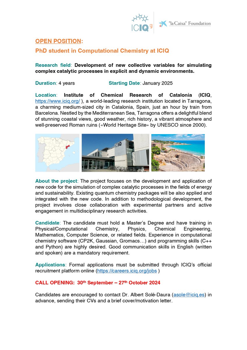 🚨 #PhDposition Available! 🚨

We're seeking a PhD student for an exciting project in molecular modeling &amp; enhanced-sampling methods for Molecular Dynamics at <a href="/ICIQchem/">ICIQ</a>.

Join us and drive groundbreaking research in #CompChem! 💡

#PhDOpening #AcademicJobs #theoreticalchemistry