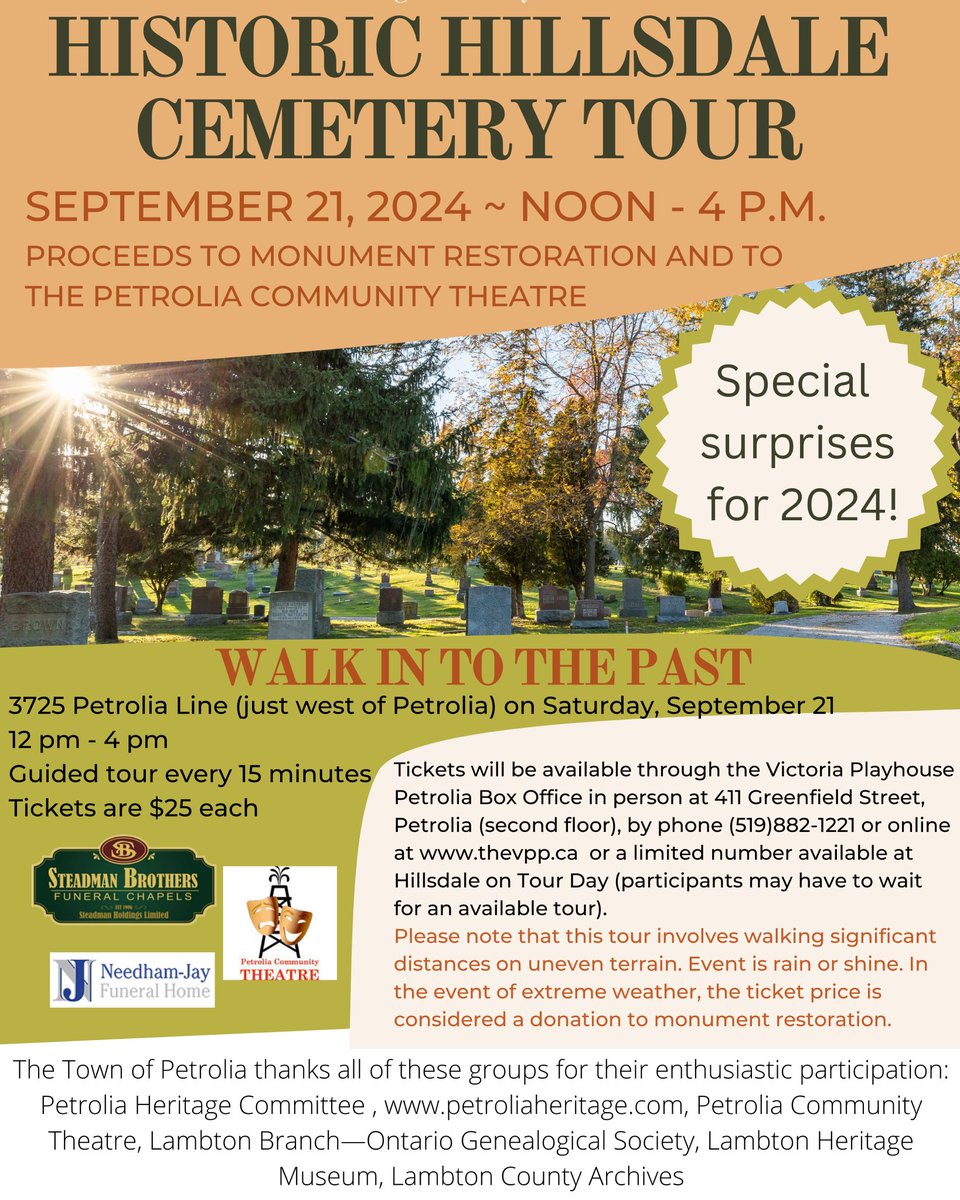 The Historic Hillsdale  🪦Cemetery Tour is back!  Purchase your tickets for 2024 at the Victoria Playhouse Petrolia Box Office, located in person, online, or via 📞. Please refer to the poster for additional details. 
#wednesdaythought