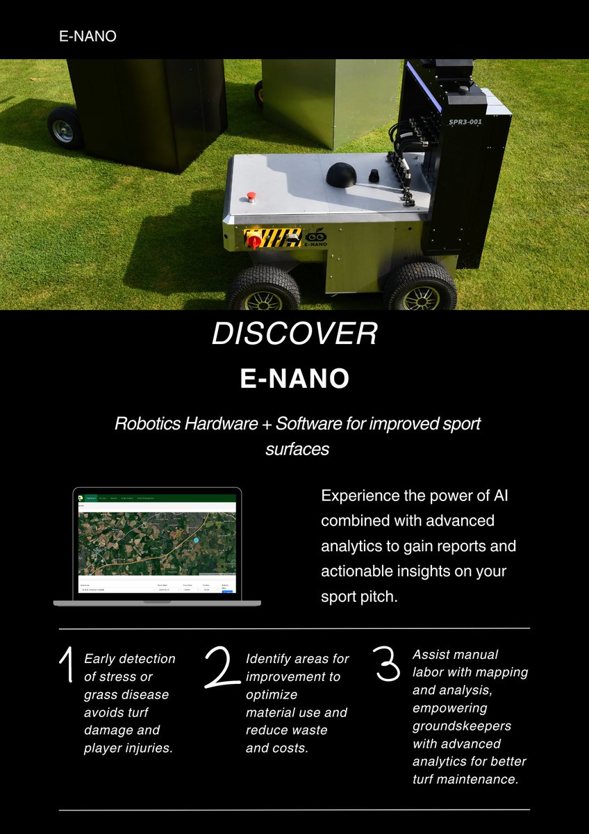 ENanoLtd's tweet photo. Ready to revolutionise your turf care strategy?

Learn more about how E-Nano is shaping the future of turf care. 🌿

#TurfCare #AI #Robotics #Sustainability #Innovation #SmartTech #LandscapeManagement #ENano #ClimateResilience #groundscare #turf #turfmanagement https://t.co/WQZlkFLqpb