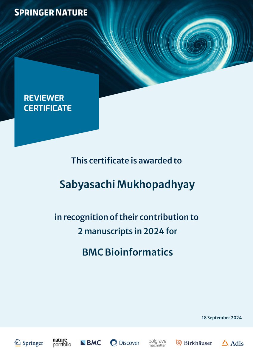 sabyasachi_uni's tweet image. Thanks to #SpringerNature for onboarding me as a #JournalReviewer of #BMCBioinformatics (Impact Factor: 2.9).
@SpringerNature
#InternationalJournalReviewer #Reviewer #SabyasachiMukhopadhyay #PhDResearchScholar #CHANAKYAPhDFellow #CD #CCDS #IITKGP #IITKharagpur @IITKgp