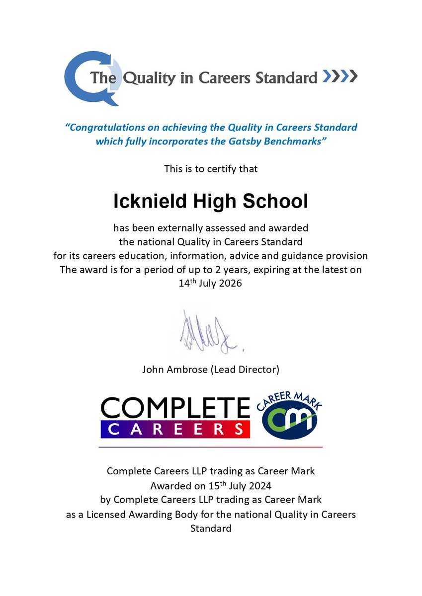 We are delighted to have retained the national Quality in Careers Standard using the Career Mark approach provided by Complete Careers