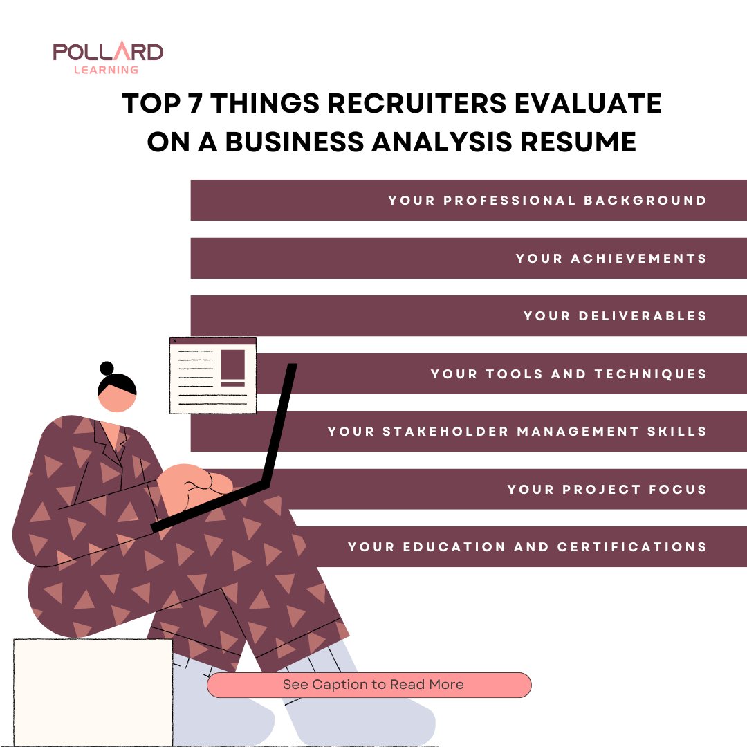 Ready to boost your Business Analysis resume? Here are the Top 7 Things Recruiters Look For:

1️⃣ Professional Background
2️⃣ Achievements
3️⃣ Deliverables
4️⃣ Tools &amp; Techniques
5️⃣ Stakeholder Management
6️⃣ Project Focus
7️⃣ Education &amp; Certifications

 pollardconsults.com