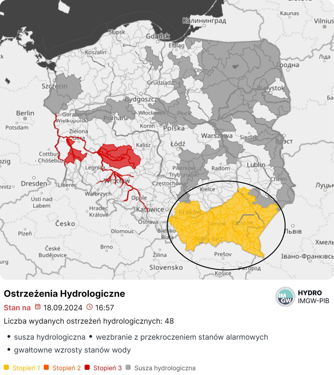 IMGWmeteo's tweet photo. #IMGWlive 17:05 18.09
⚠️UWAGA
‼️ NOWE OSTRZEŻENIE HYDROLOGICZNE #IMGW
Gwałtowne wzrosty stanów wody 1°
W obszarach występowania prognozowanych burz, na mniejszych rzekach oraz w zlewniach zurbanizowanych, mogą wystąpić gwałtowne wzrosty stanu wody.
➡️https://t.co/DIkhkQRy0k https://t.co/18g2YwHmfs