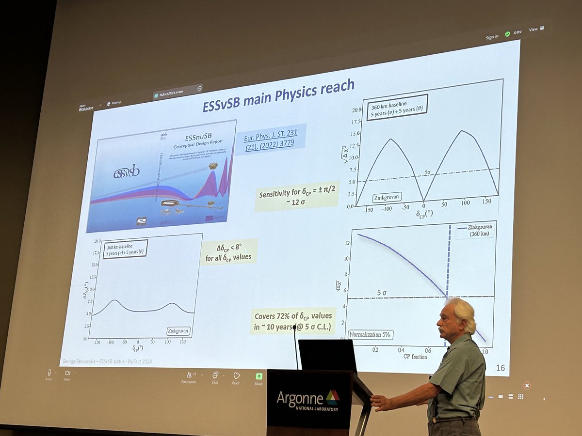 MarcosDracos's tweet photo. George Fanourakis presenting today the physics performance of the neutrino long baseline project #ESSnuSB during #NuFact2024 workshop in Argonne National Laboratory! https://t.co/9Gc5oEhyu6