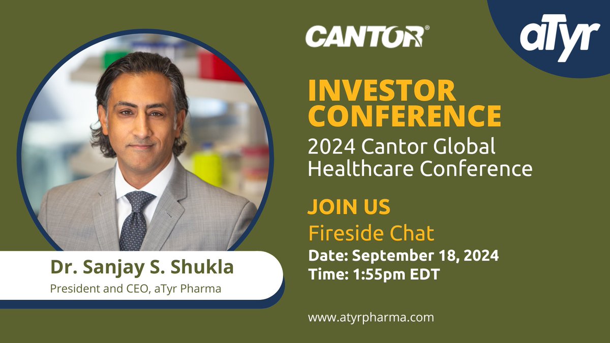 aTyrNews's tweet photo. Join aTyrβs President and CEO, Dr. Sanjay S. Shukla, today at 1:55pm EDT as he participates in a Fireside Chat at the 2024 Cantor Global Healthcare Conference. For more information on how to join: https://t.co/4JmmOgyZhj.
$ATYR #efzofitimod #ILD #sarcoidosis #SScILD https://t.co/66kwr644sr
