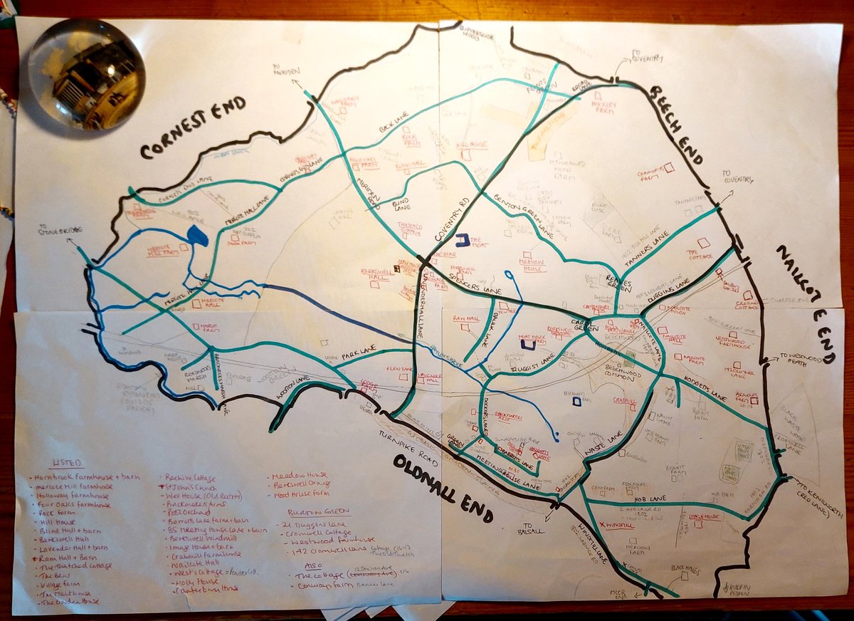 For #OnePlaceWednesday here's my working map of #Berkswell parish c.1839. I'm so curious about the history of the parish divisions (in black), which look like they should be neat quarters but very much aren't! #OnePlaceStudy #LocalHistory