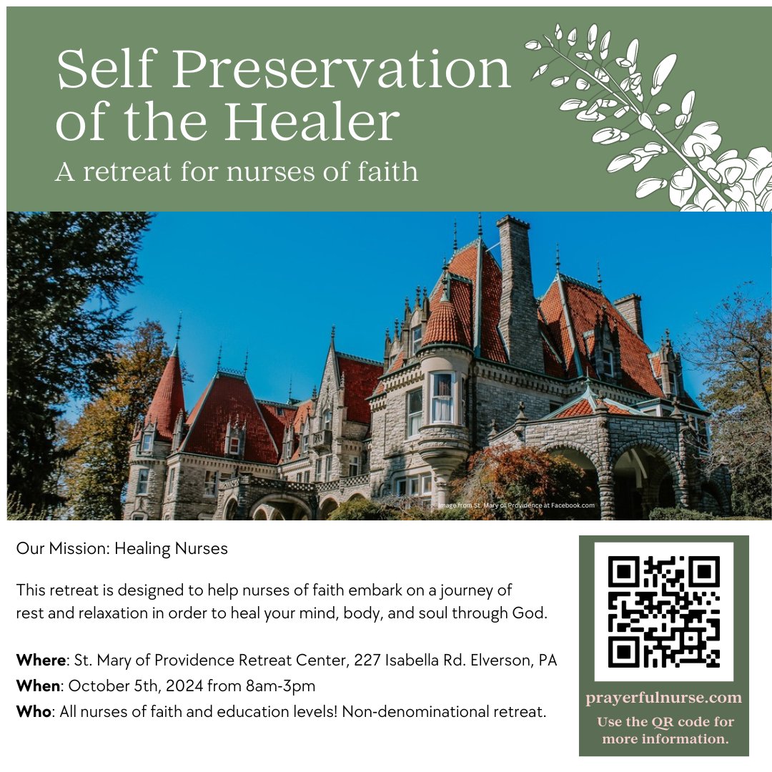ProLifeRNs's tweet photo. Join a member-led retreat designed for nurses of faith. The Self Preservation of the Healer Retreat offers a day of spiritual, mental, and physical renewal in a non-denominational setting.

📍 St. Mary of Providence Retreat Center | Elverson, PA
🗓 October 5th, 2024 | 8 AM - 3 PM https://t.co/WqZPjCIFFu