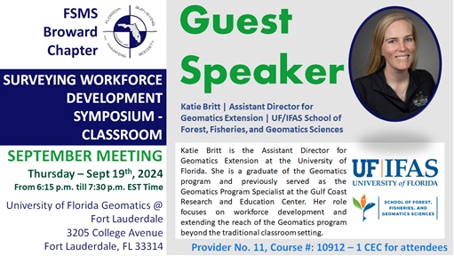 UF Geomatics at Fort Lauderdale (@ufgeomatics) on Twitter photo Join our FSMS Broward County chapter meeting on Thu Sep 19 from 6:15-8:30pm at UF’s FLREC Davie campus. Katie Britt, Asst. Director for Geomatics Extension at UF, presents “Surveying Workforce Development”. RSVP to geomatics-flrec@ifas.ufl.edu
<a href="/FSMS_FL/">FSMS</a> <a href="/SFFGS_UF/">UF School Forest, Fisheries, & Geomatics Sciences</a> <a href="/UFIFAS_FLREC/">UF/IFAS FLREC</a> Join our FSMS Broward County chapter meeting on Thu Sep 19 from 6:15-8:30pm at UF’s FLREC Davie campus. Katie Britt, Asst. Director for Geomatics Extension at UF, presents “Surveying Workforce Development”. RSVP to geomatics-flrec@ifas.ufl.edu
<a href="/FSMS_FL/">FSMS</a> <a href="/SFFGS_UF/">UF School Forest, Fisheries, & Geomatics Sciences</a> <a href="/UFIFAS_FLREC/">UF/IFAS FLREC</a>