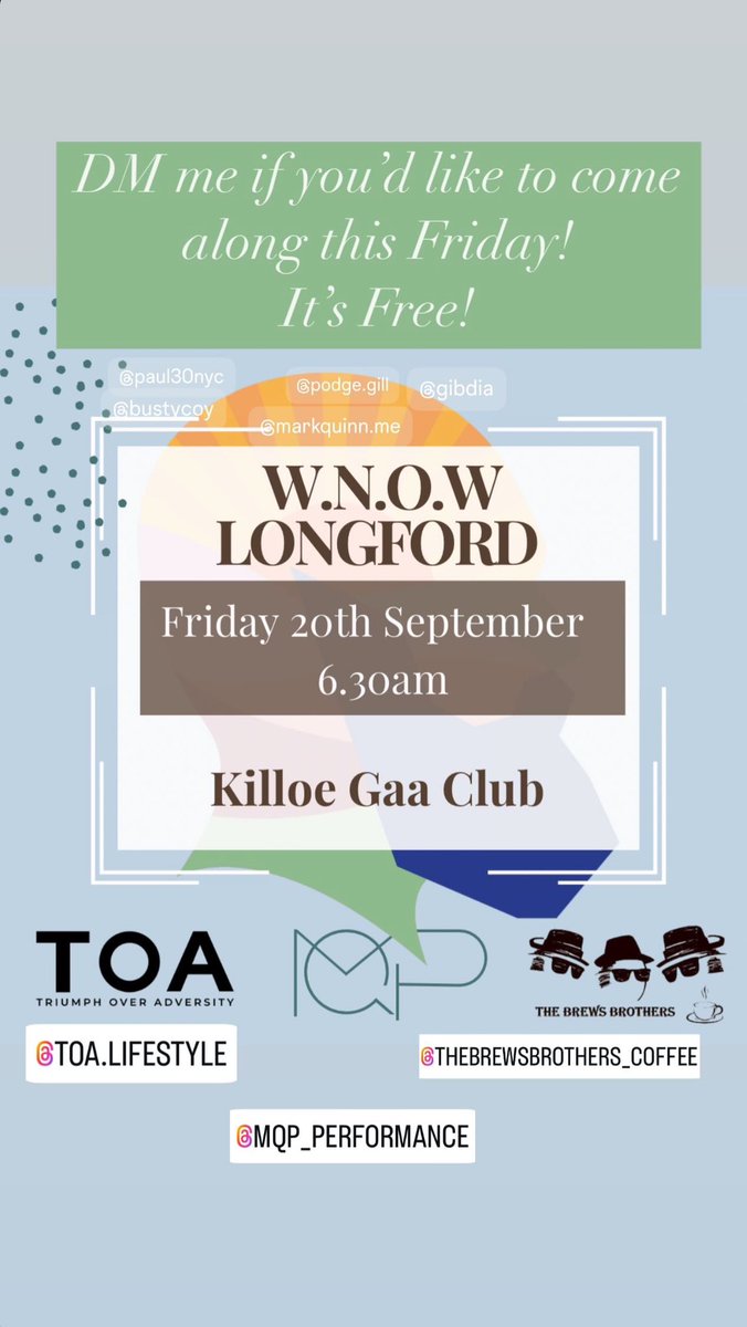 mickeyq06's tweet image. DM me if you’re interested in joining us this Friday at 6.30am
WNOW meets to do some exercise, share a coffee and to chat and focus on improving our mental, physical, and emotional health to be the best person we can be for ourselves and all those around us.