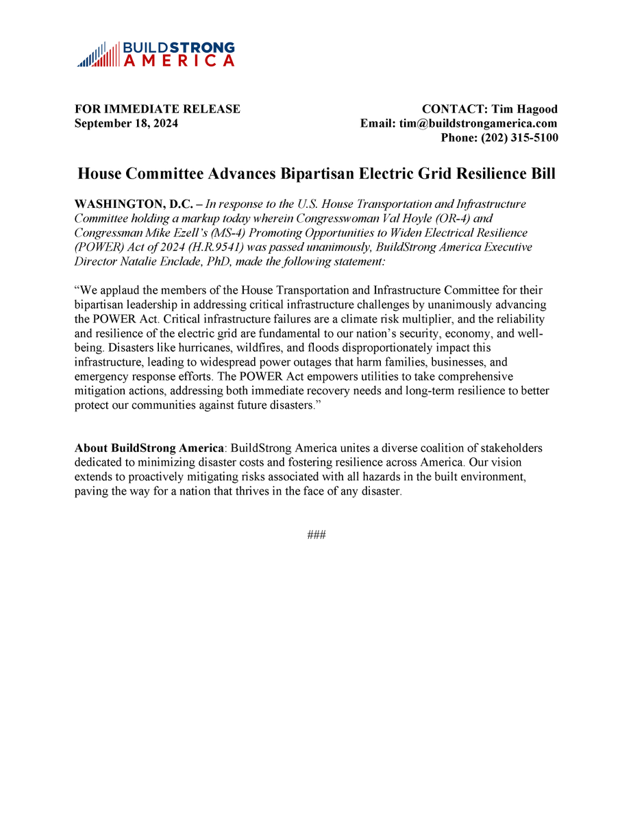 STATEMENT: House Committee Advances Bipartisan Electric Grid Resilience Bill from <a href="/RepValHoyle/">Representative Val Hoyle</a> &amp; <a href="/RepEzell/">Congressman Mike Ezell</a> 

📰: tinyurl.com/ytfp5rpz