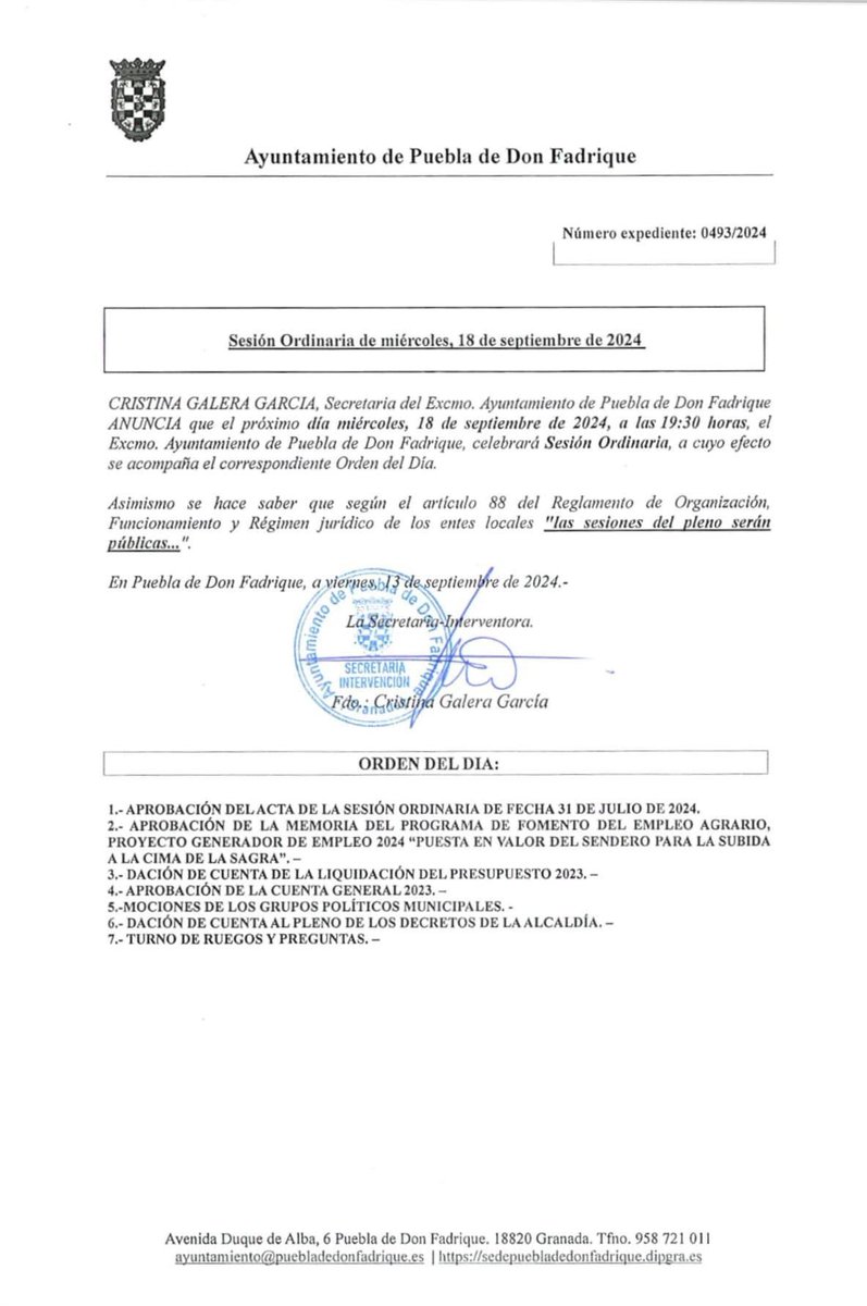 Pleno ordinario de 18 de septiembre del presente.