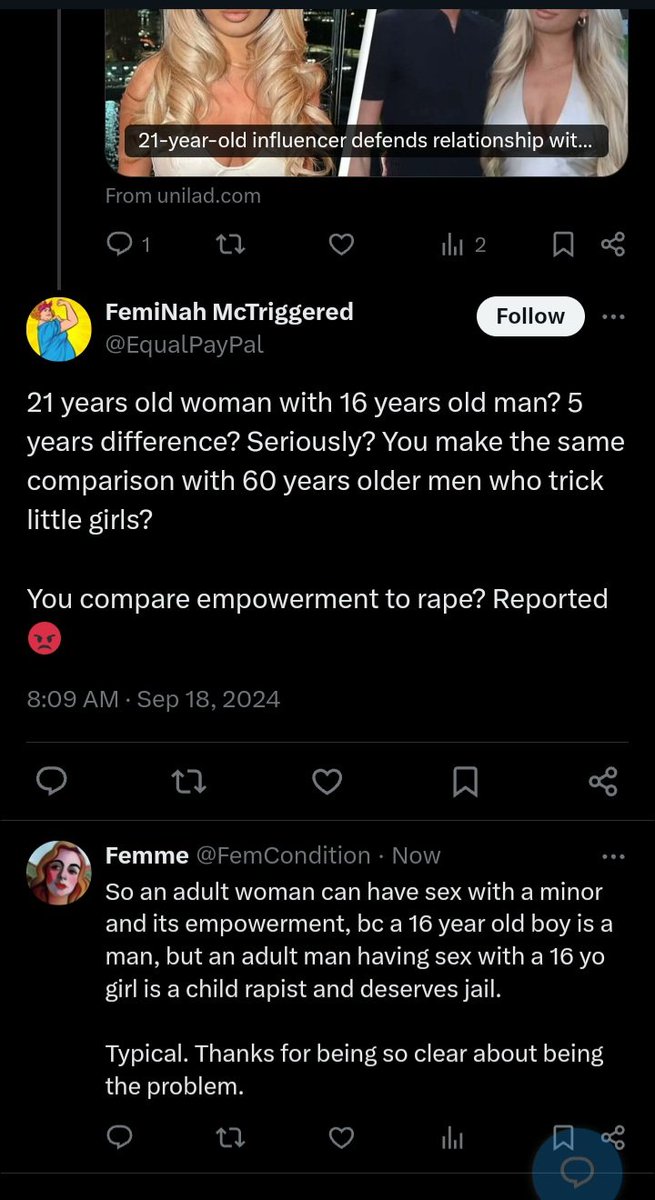 FemCondition's tweet photo. Radfems, explain to me like I am a child: 
When did adult women raping boys become "female empowerment?" When did rape rules change so minor boys aren't boys but men, but minor girls are still children...and women are often still children after their 18th birthday in age gaps? https://t.co/s6YHOHFf67